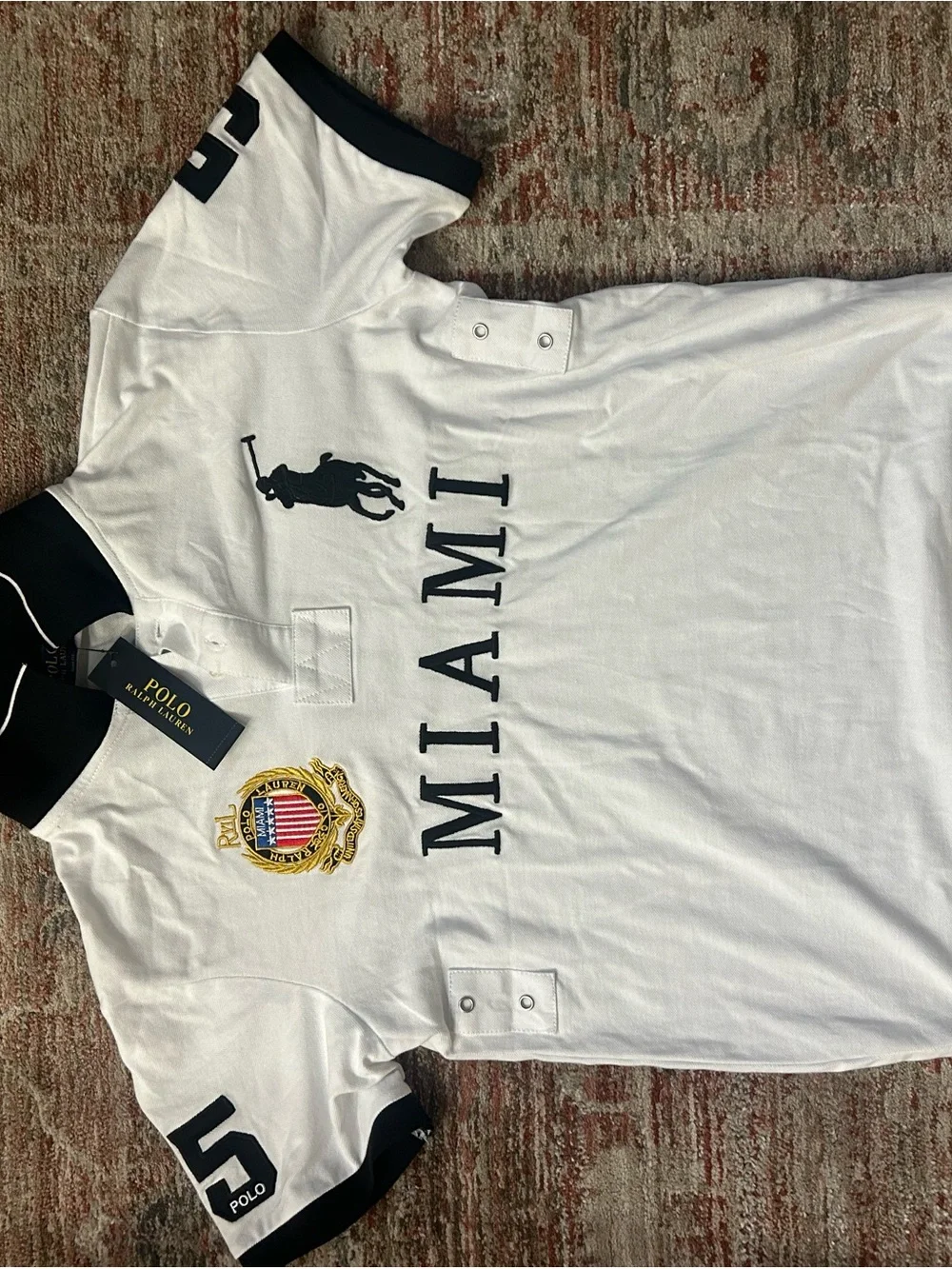 Ralph Lauren White Polo Shirt with Navy Trim - Miami Crest
